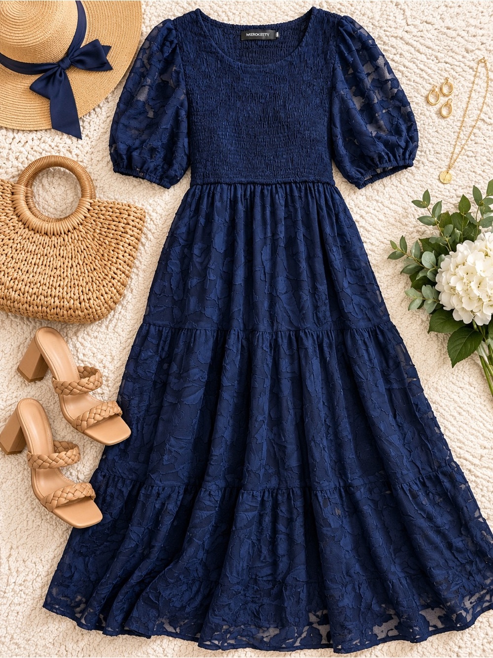 MEROKEETY XXL Navy Textured Tiered Maxi Dress — NWT